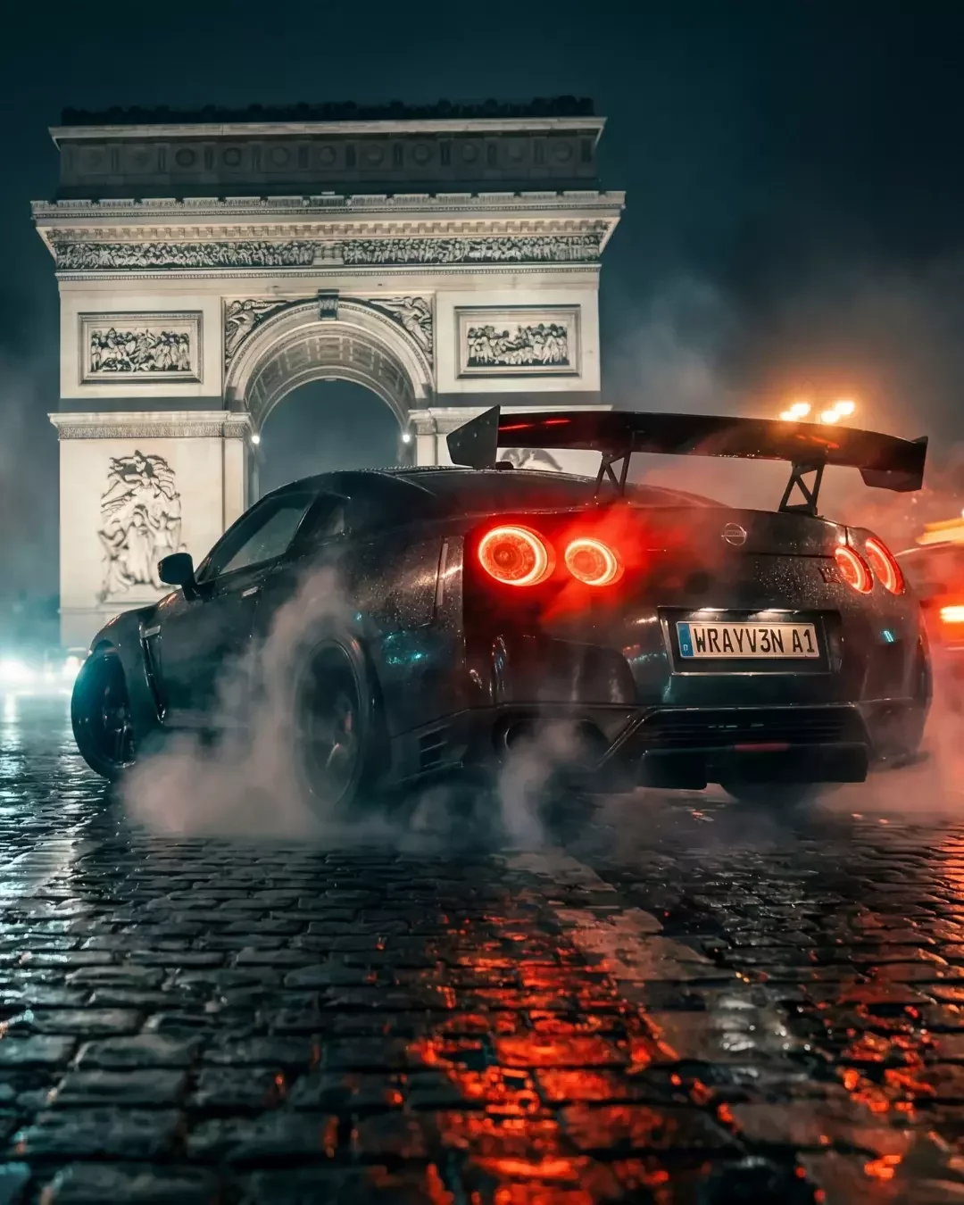 Sports car drifting on wet cobblestones at night with the Arc de Triomphe in the background, produced entirely with AI by Wrayven